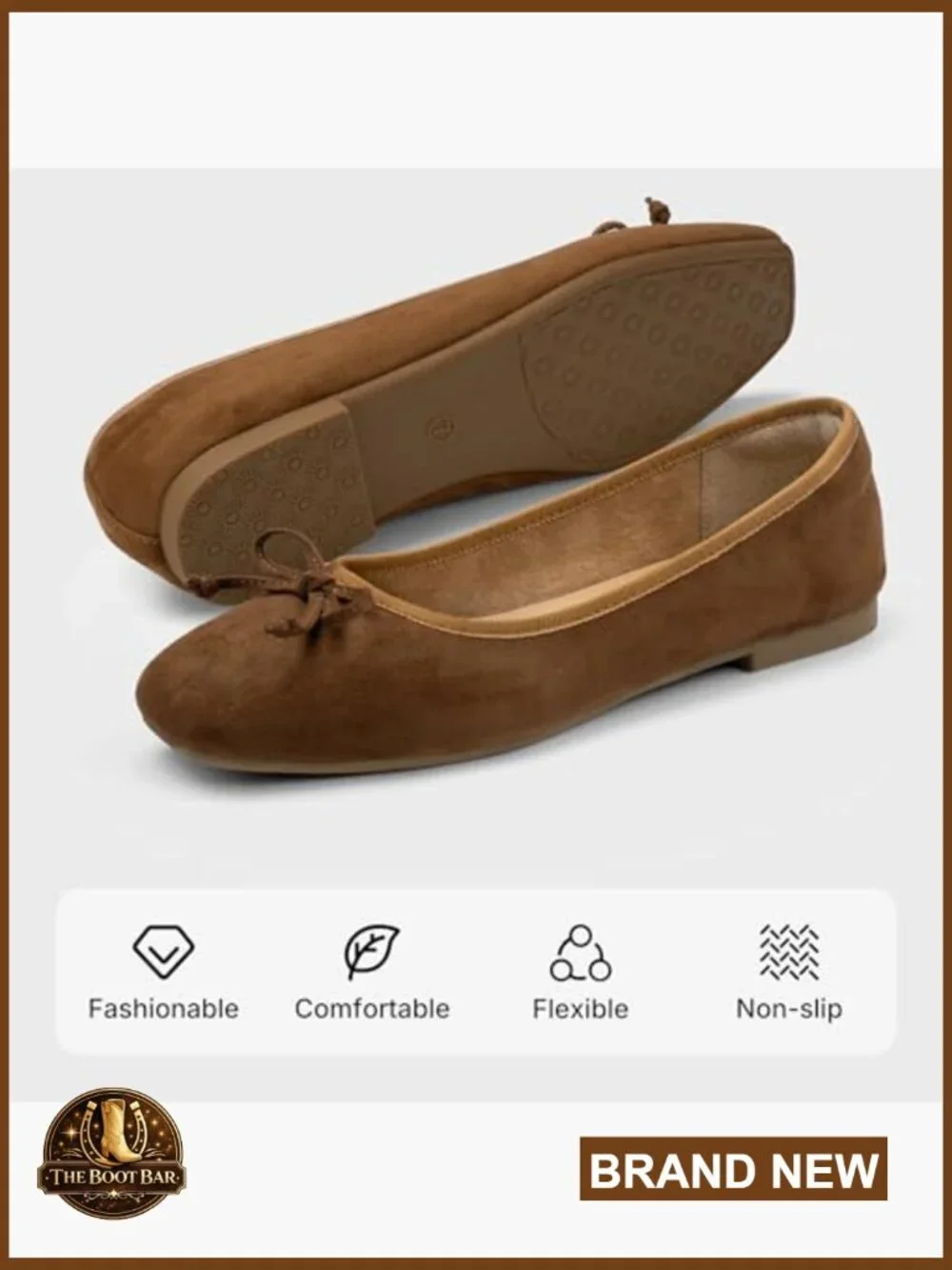 Square Toe Ballet Flats with Bow, Slip On, Cushioned Insole, Size 6-11